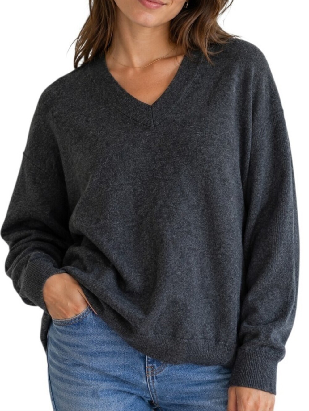 Paper Label V Neck Sweater Women Large Grey Cotton